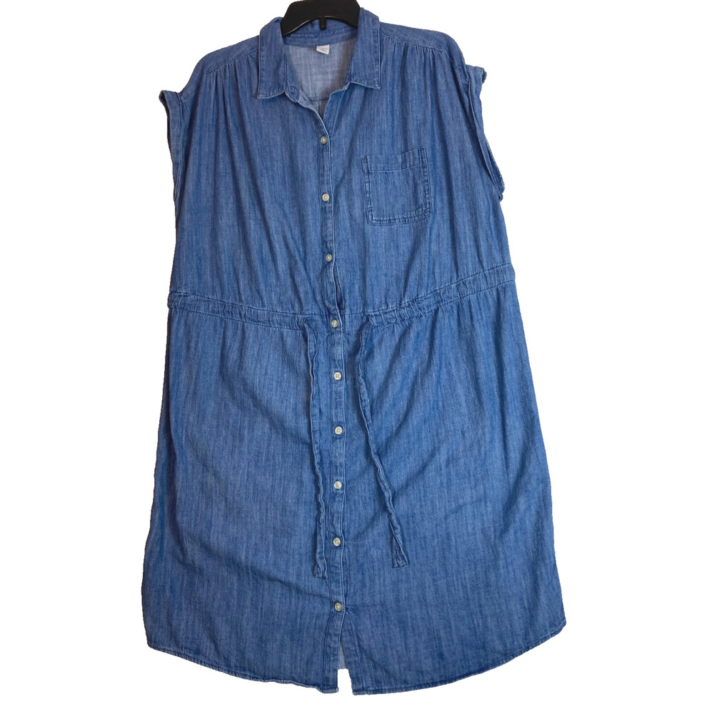 Old Navy Shirt Dress Size 1X Blue Chambray Cap Sleeve‎ Button Drawstring Waist